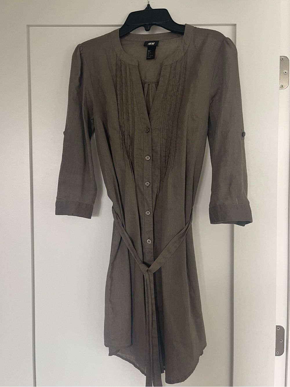 H&M Linen Olive Button-Front Three-Quarter Sleeve Tunic Shirt with Waist Tie